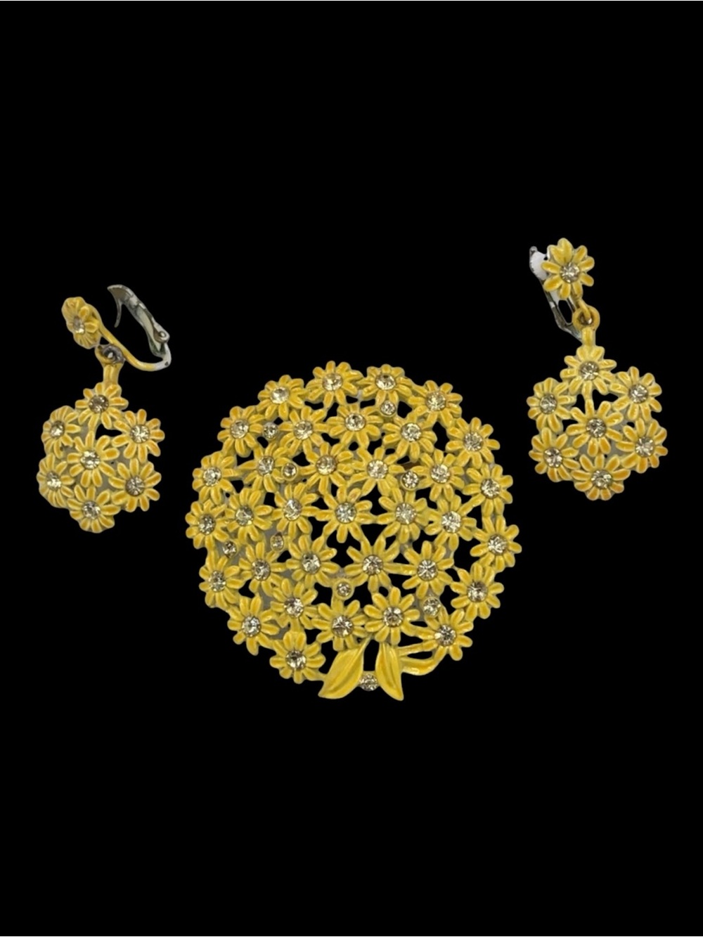 Vintage Celebrity Yellow Enamel Rhinestone Brooch Earring Set